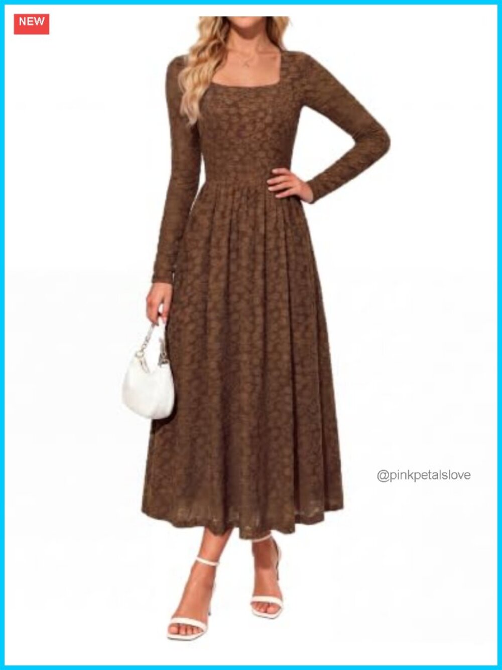 Women's Long Sleeve Midi Dress Stretchy Knit A-Line Square Neck Wedding Guest